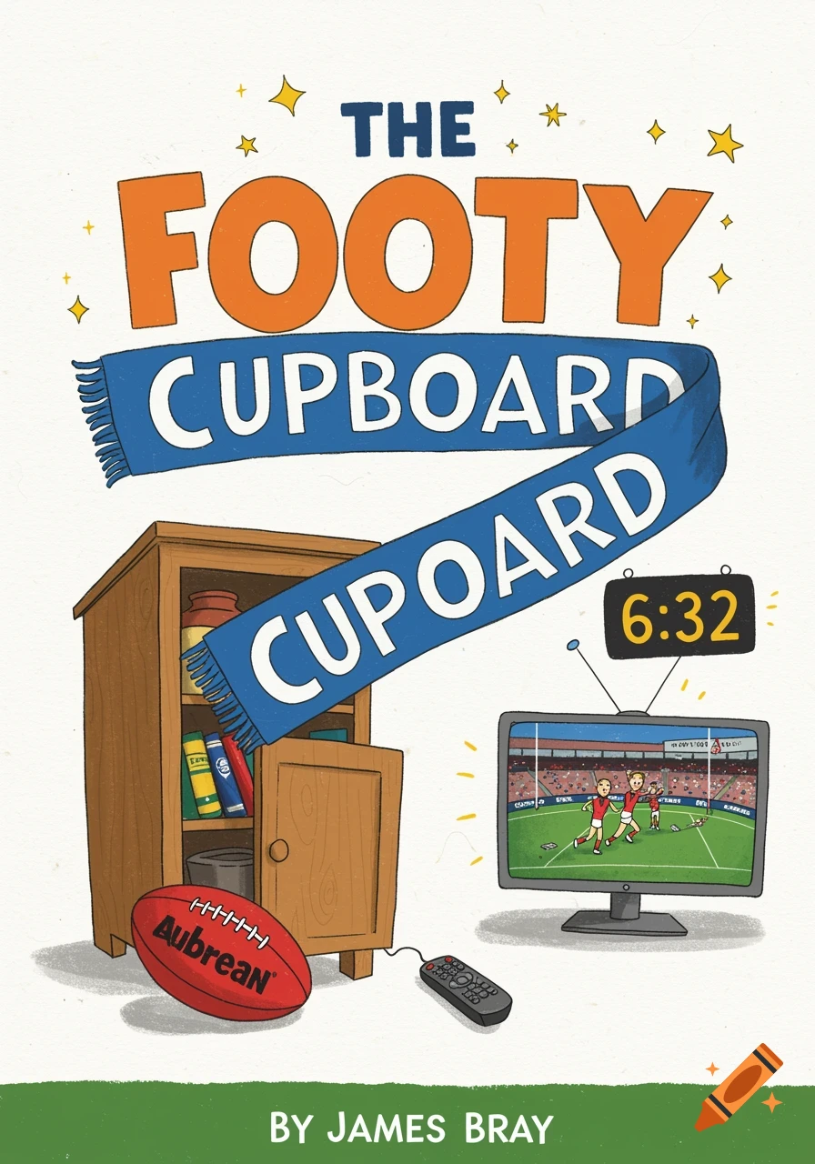 A colorful children's book cover titled "The Footy Cupboard", featuring a wooden cupboard, a red Australian rules football, a TV showing a match with a scoreboard reading 6:32, and a blue scarf.