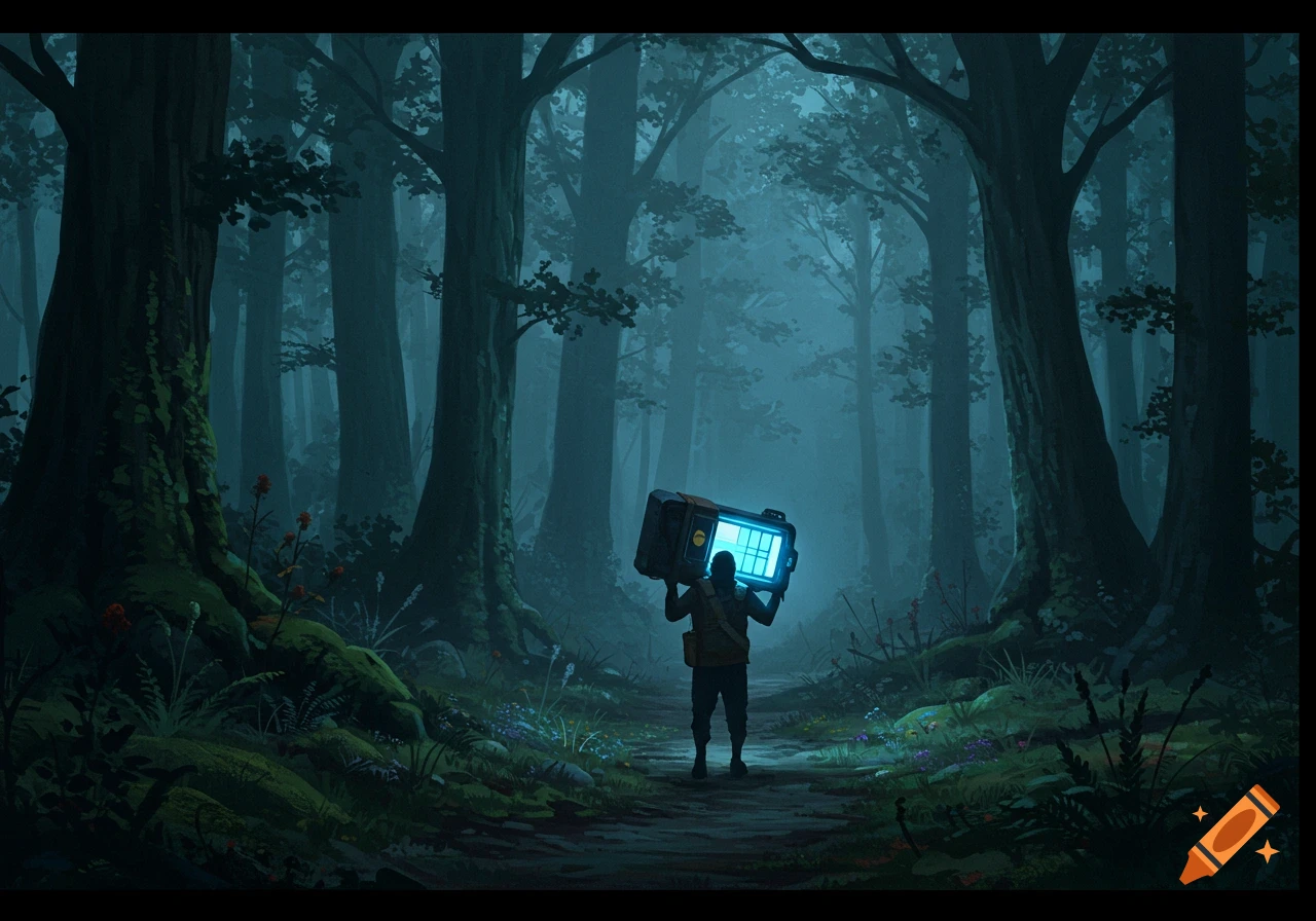 A silhouetted person carries a glowing blue tech device through a dark, misty forest, digital art.
