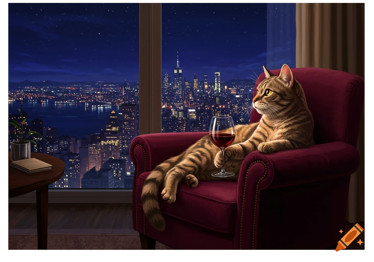 An illustrated sophisticated cat lounges in a red armchair, holding a glass of wine, gazing at a vibrant city skyline at night.