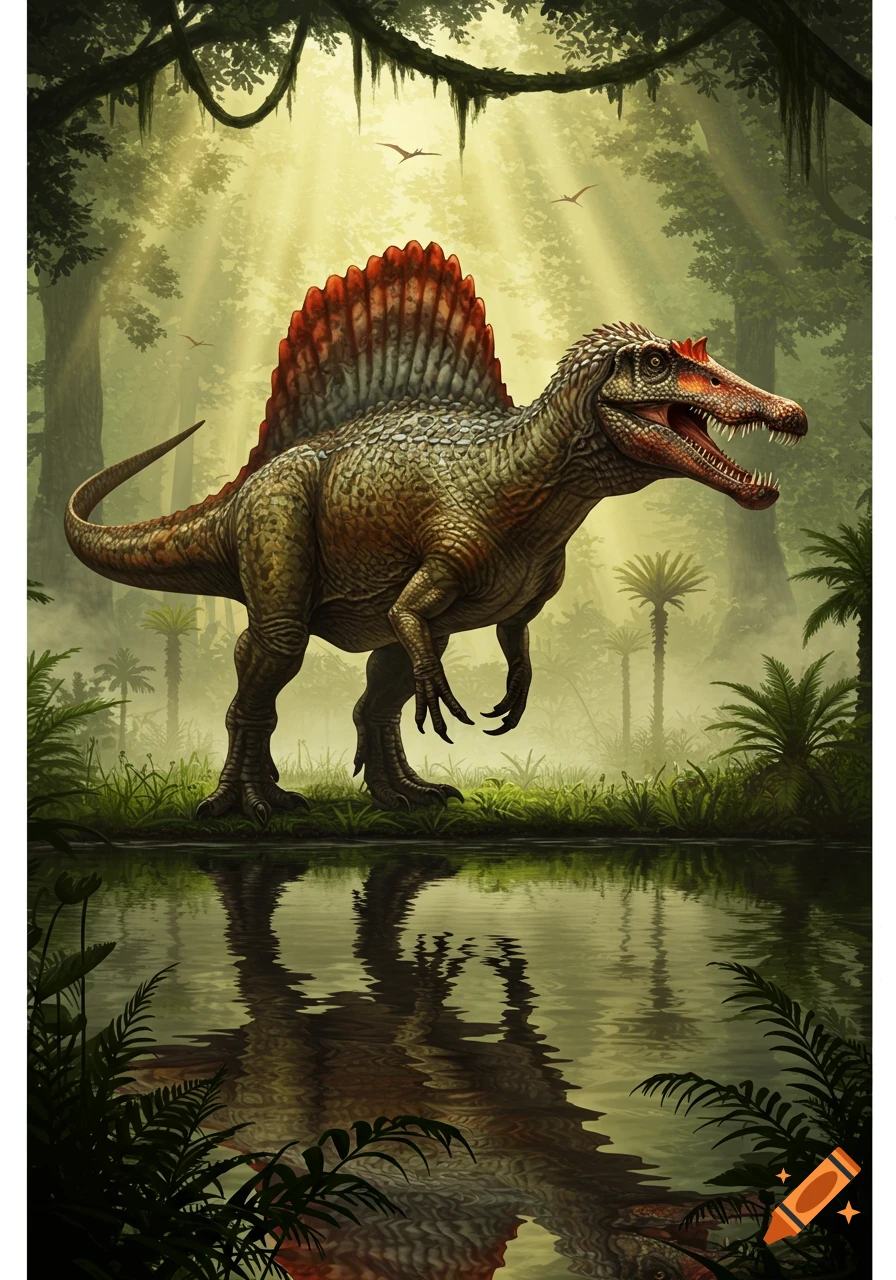A detailed illustration of a Spinosaurus standing by a reflective body of water in a lush, sun-dappled jungle.