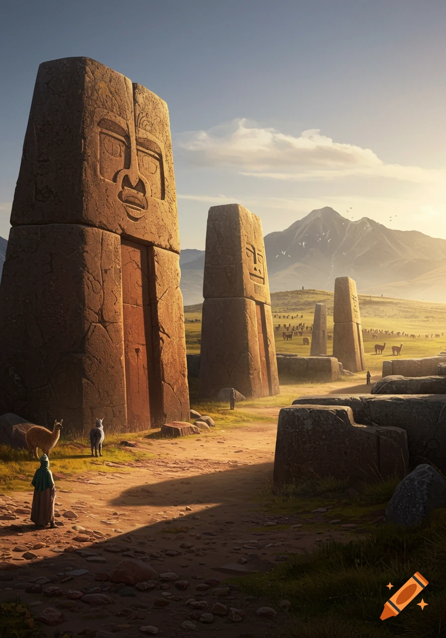Massive carved stone monuments with faces stand in a golden sunset landscape with mountains, people, and llamas.