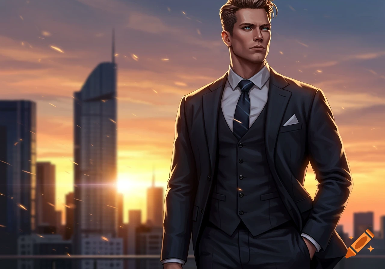Digital illustration of a handsome man in a suit standing on a rooftop with a city skyline at sunset.