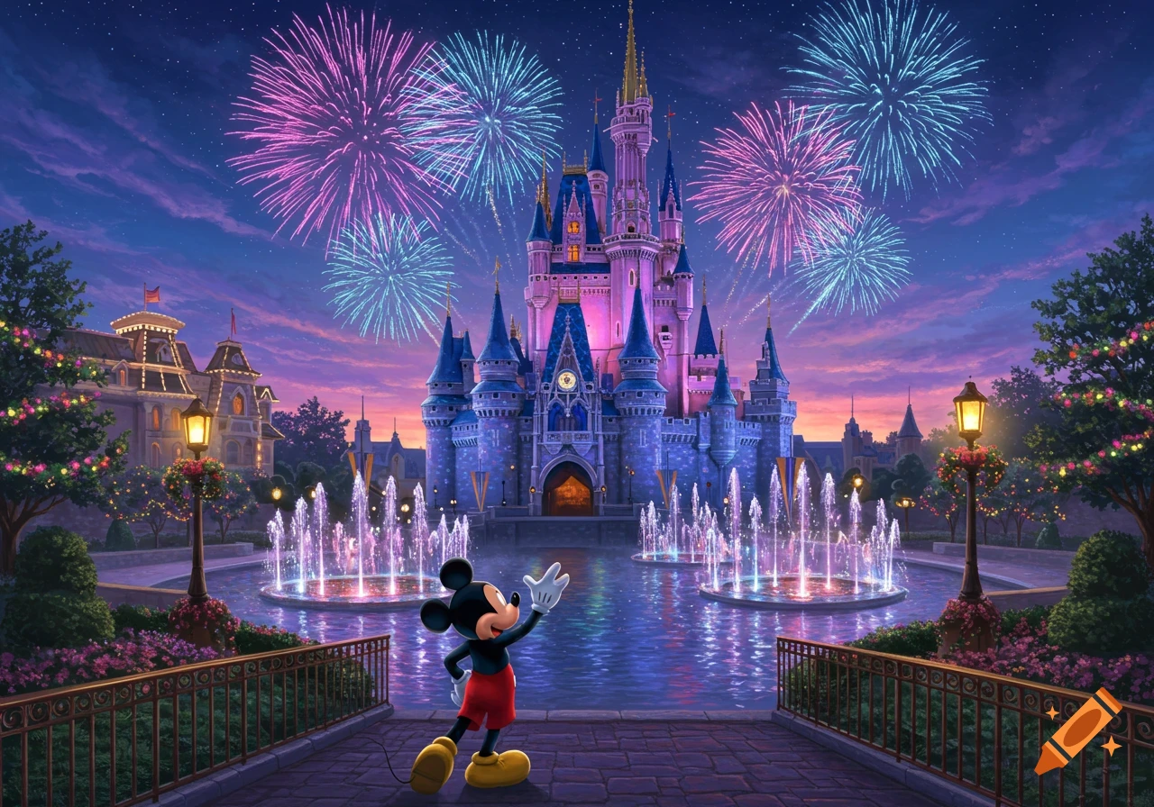 Mickey Mouse waves in front of a blue and pink Cinderella's