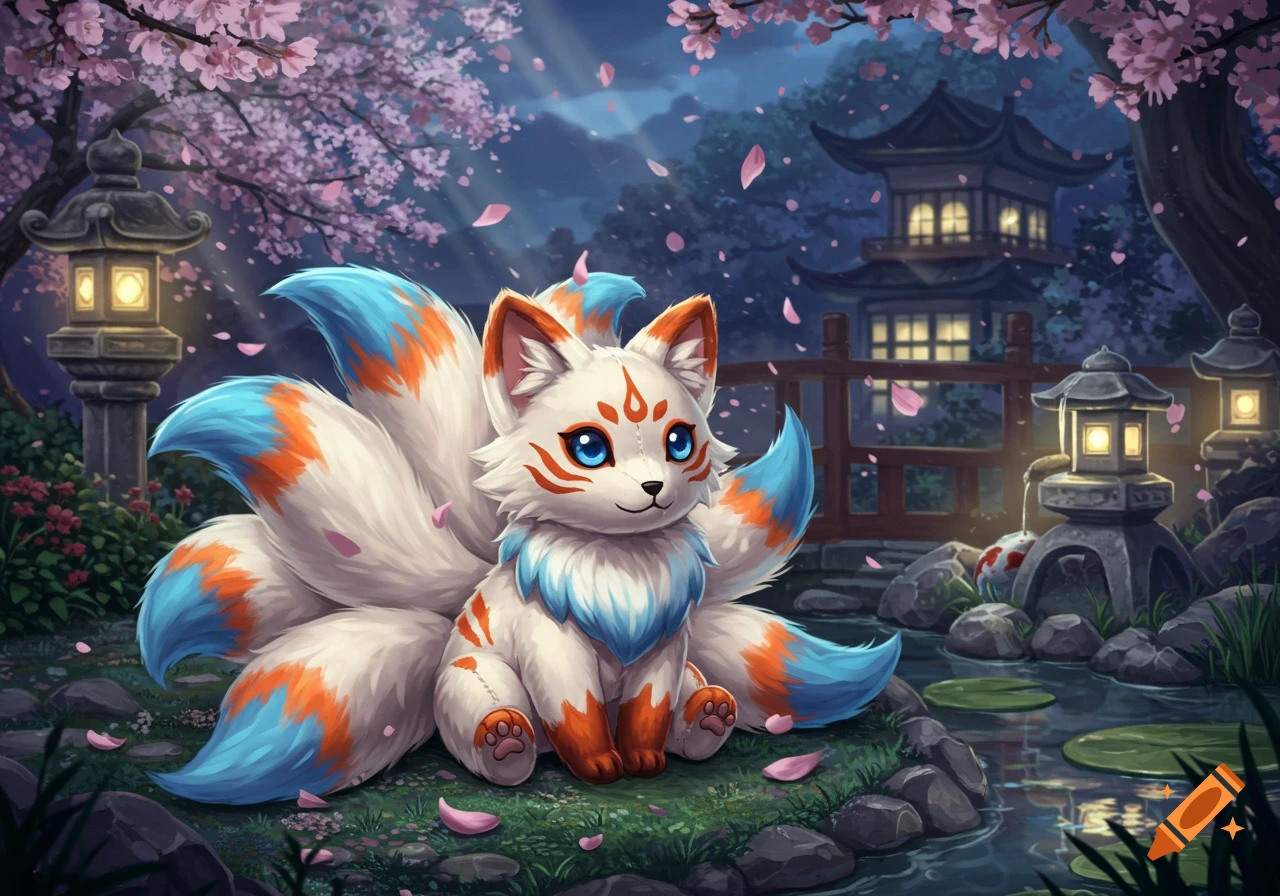 A cute, fluffy white kitsune with blue eyes and orange and blue markings sits in a cherry blossom garden with lanterns and a temple.