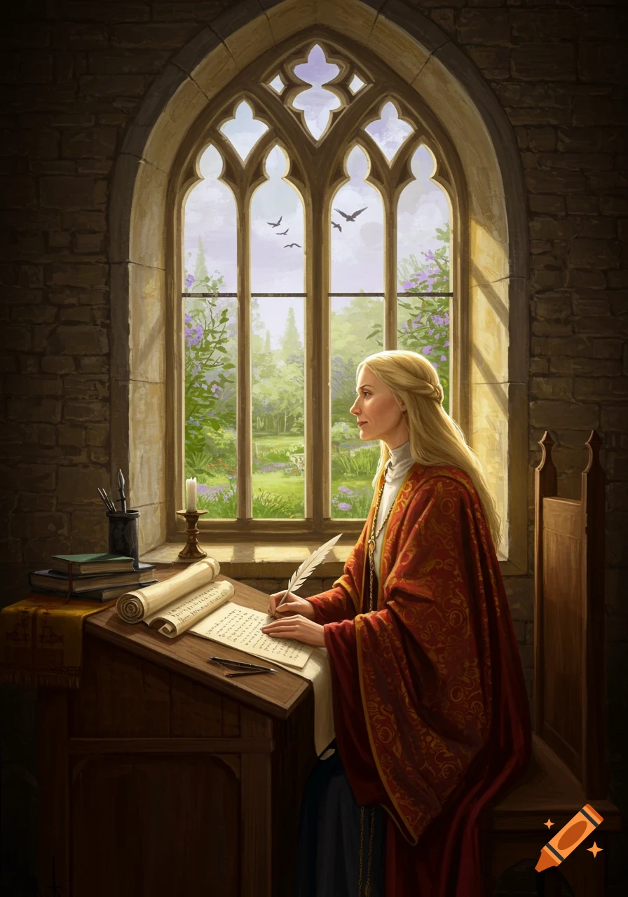A blonde woman in medieval red and blue robes writes with a quill at a wooden desk by a gothic window overlooking a garden.