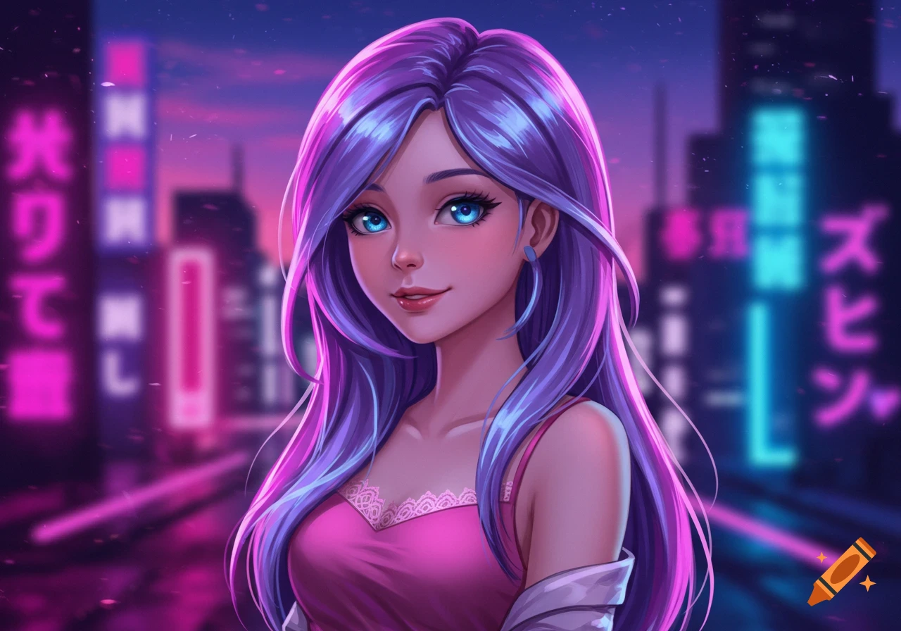 A smiling anime girl with long purple hair and blue eyes wears a pink top in a neon-lit futuristic city.