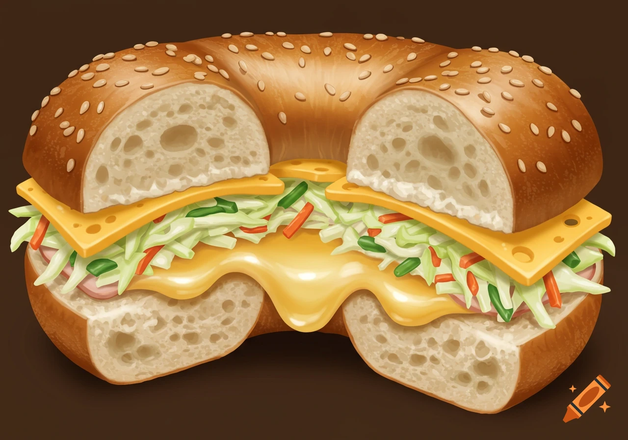 Stylized illustration of a bagel cut in half, filled with melted cheese, coleslaw, and ham.