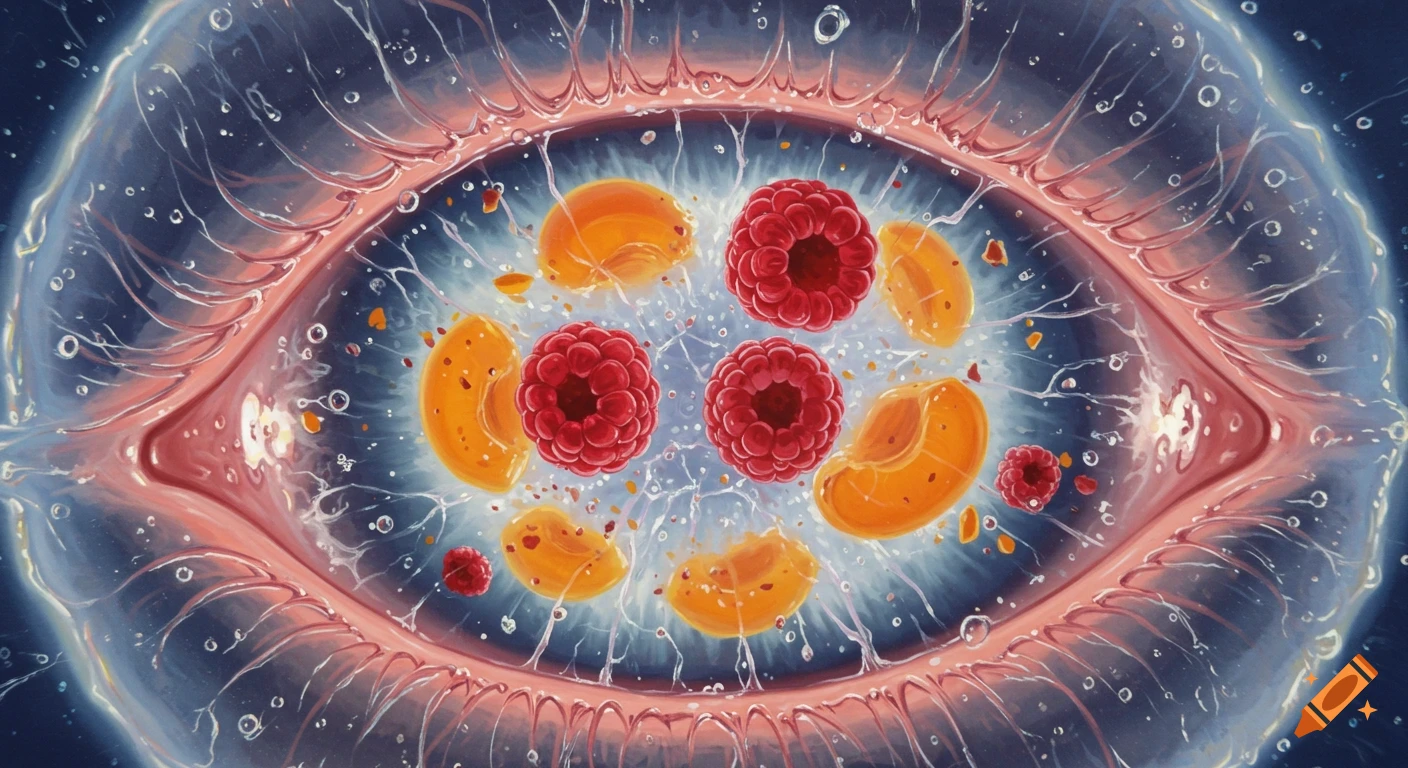 A close-up, abstract view of red raspberries and orange apricot pieces suspended in a clear, glowing, jelly-like substance with bubbles and fibers, resembling an eye.