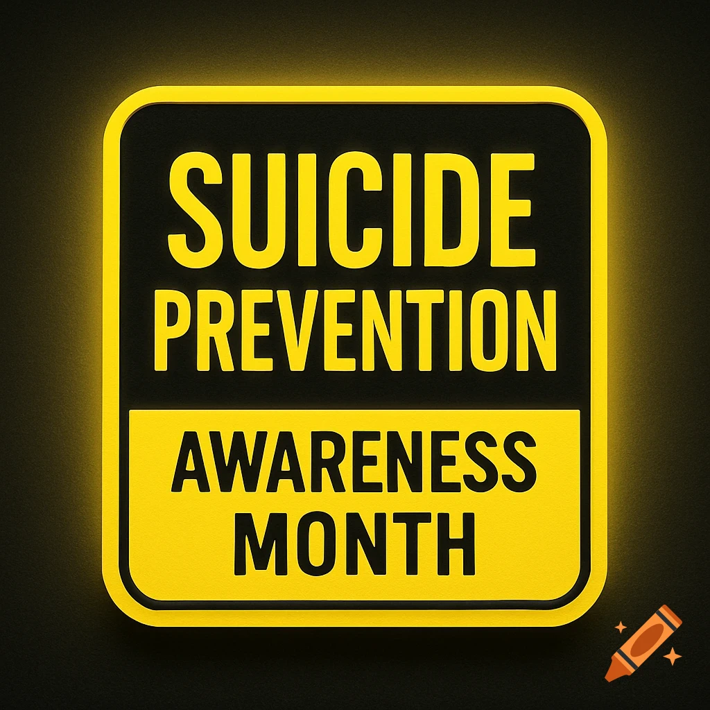 A black and yellow sign reads "SUICIDE PREVENTION AWARENESS MONTH" with a glowing edge.