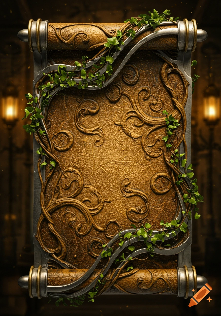 A decorative bronze and silver scroll adorned with green ivy vines, set in a dimly lit, ornate room.