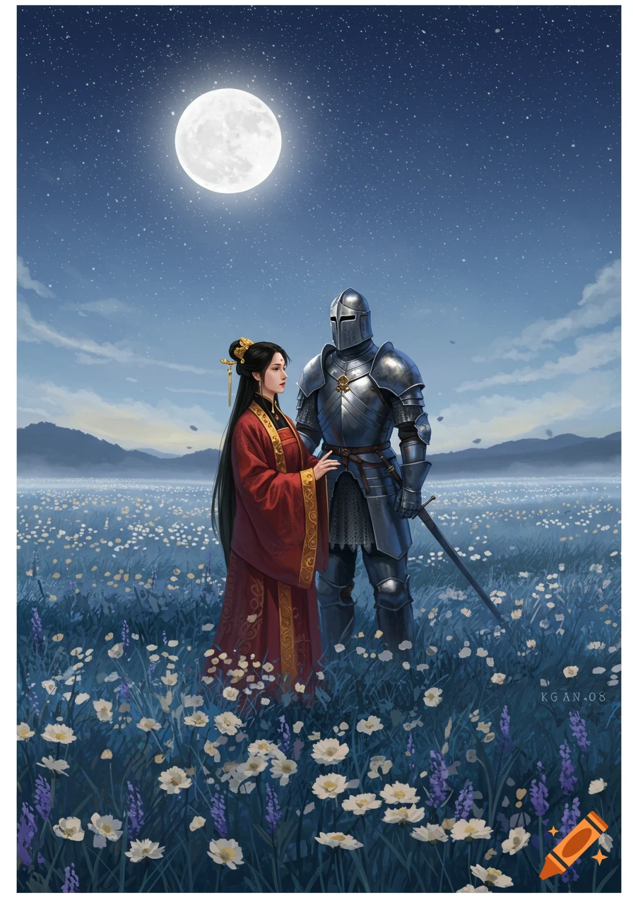 A Chinese princess in a red gown stands with a medieval knight in shining armor in a moonlit field of white and purple flowers.