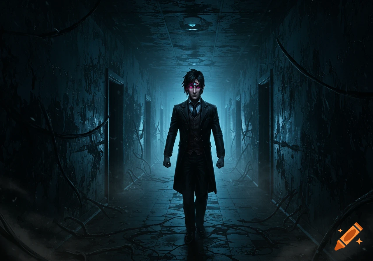 A mysterious man in a dark suit with three glowing pink eyes stands in a dark, decaying hallway filled with vines.
