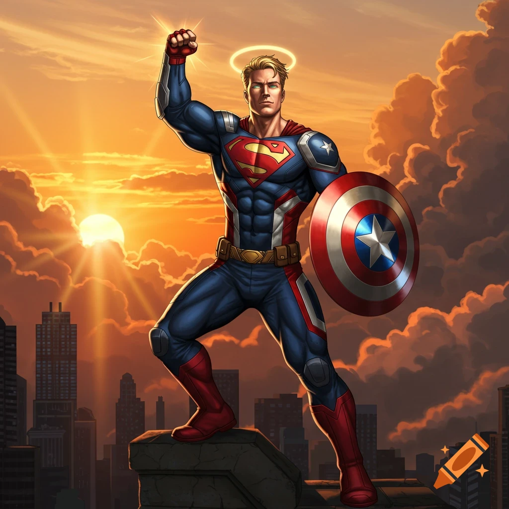 A powerful blonde superhero, a blend of Superman and Captain America, stands on a rooftop against a vibrant sunset cityscape, with a glowing halo.