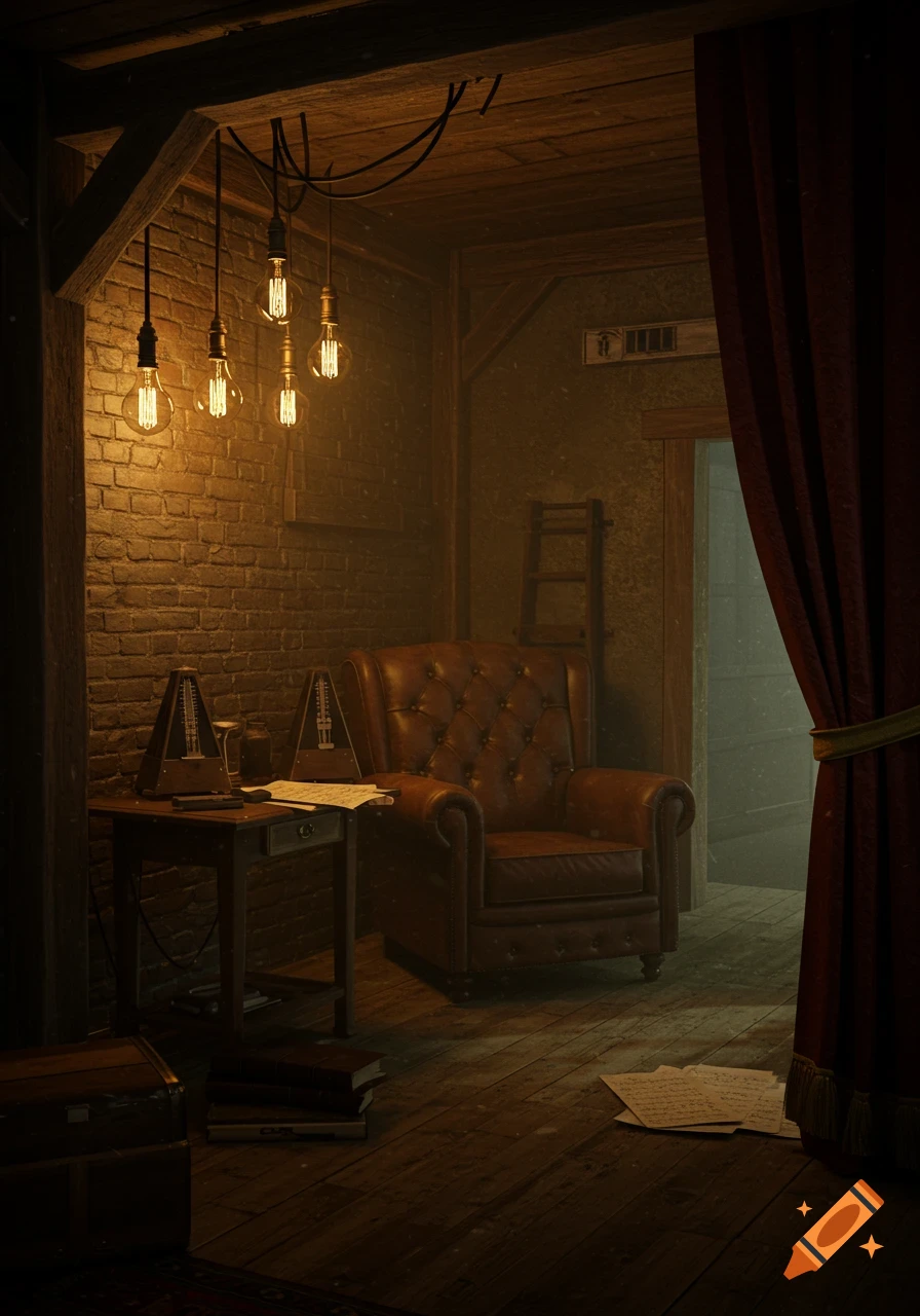 A dimly lit, vintage-style back room with a leather armchair, a small table with two metronomes, and hanging Edison bulbs.