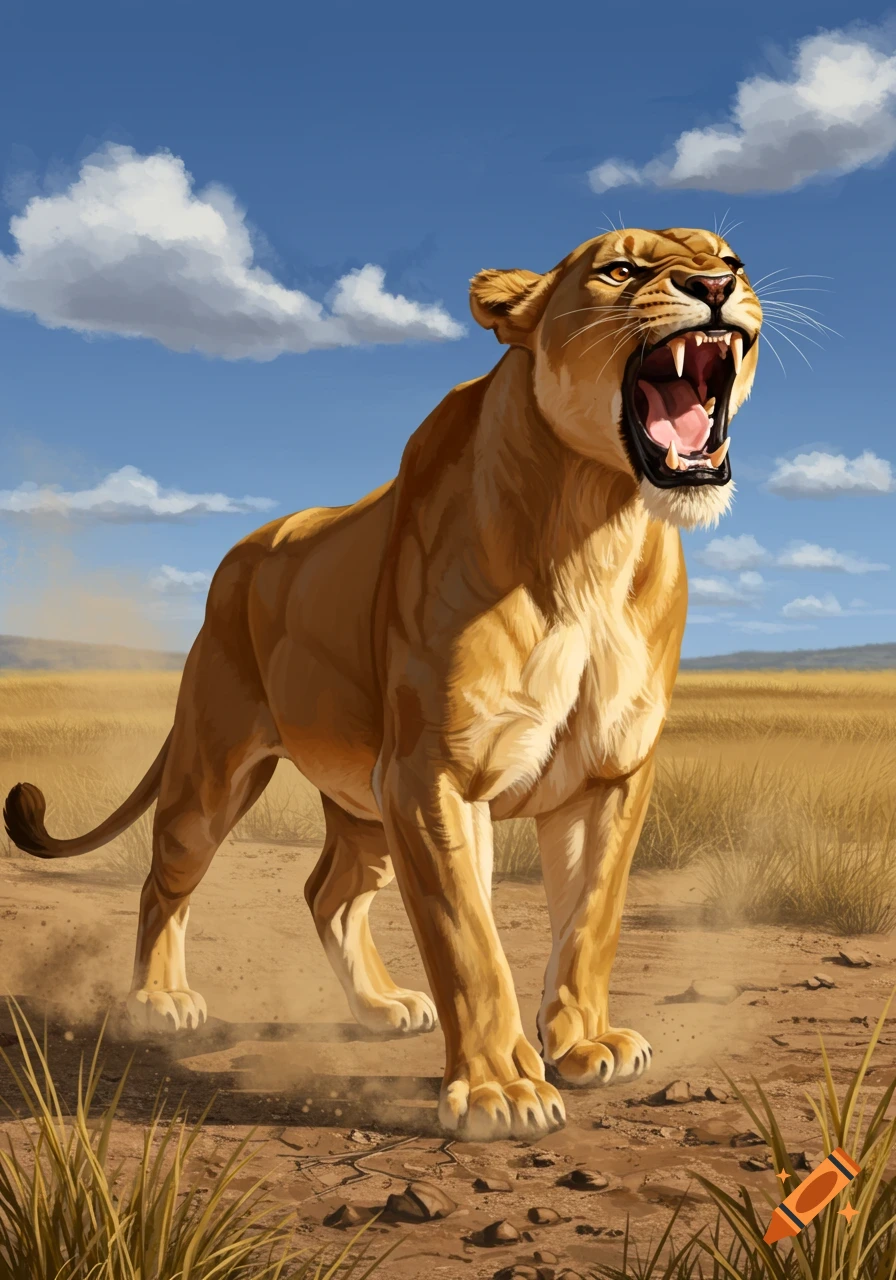A powerful lioness roaring on dry earth in a sunny savanna under a blue sky.