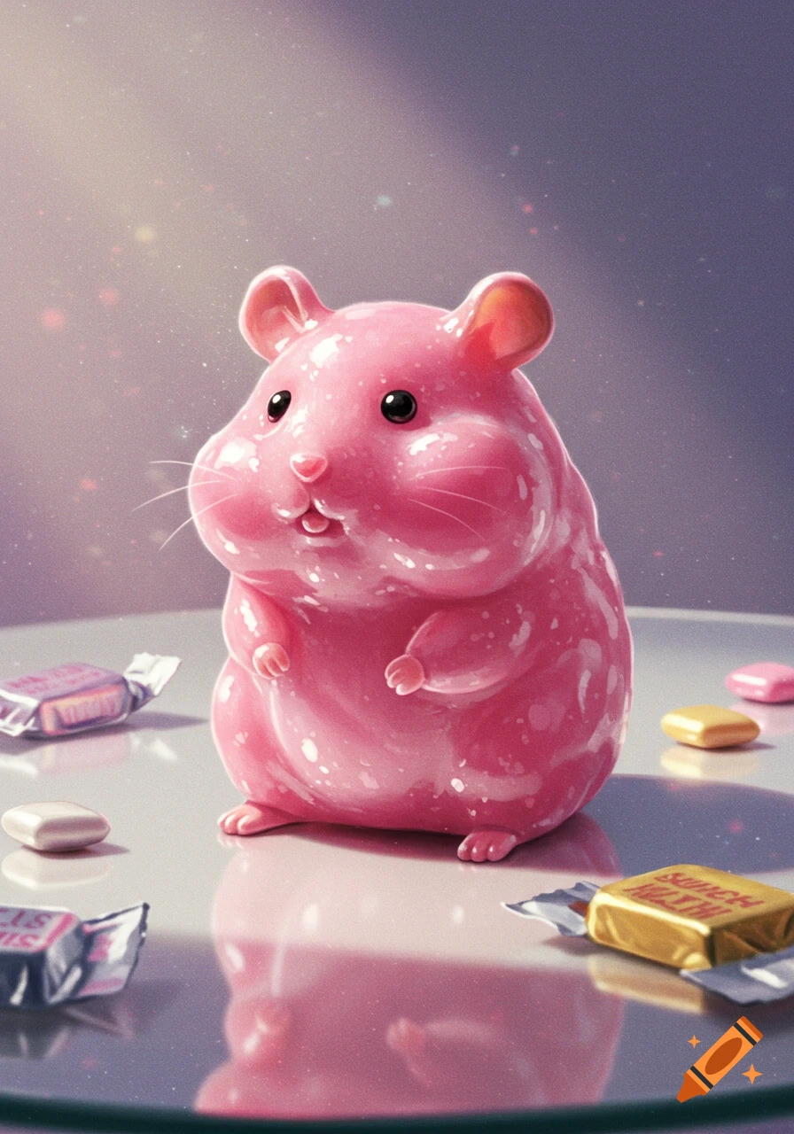 A cute, shiny pink bubblegum hamster sits among colorful candies on a reflective surface, with a soft, sparkling background.