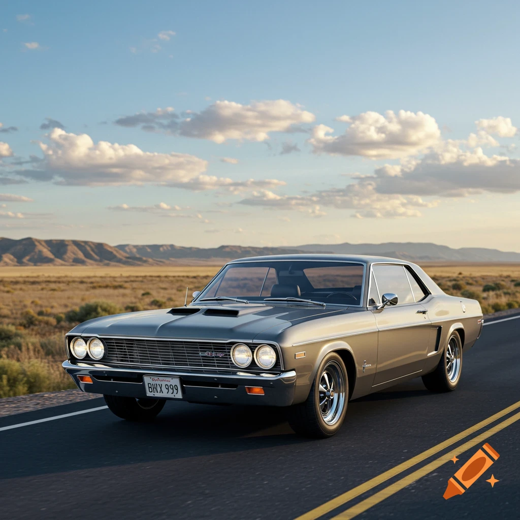 Photorealistic image of a vintage American muscle car driving on a desert road under a partly cloudy sky.