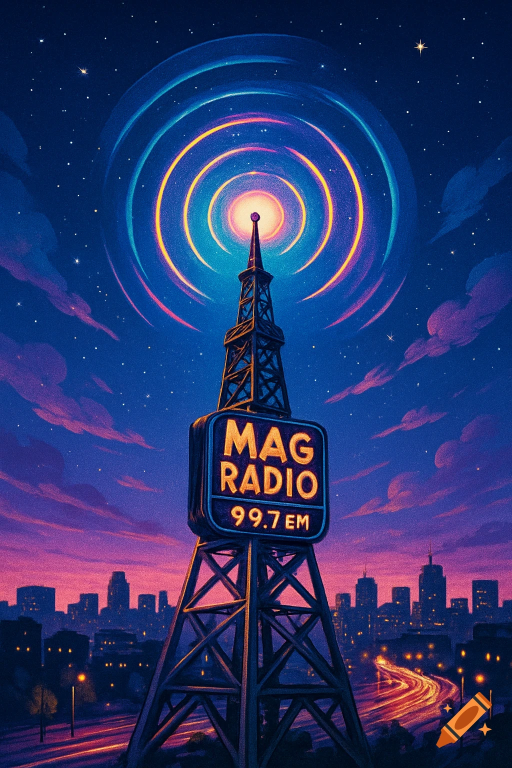 Vibrant illustration of a radio tower with 'MAG RADIO 99.7 EM' sign radiating waves under a starry night sky over a city.