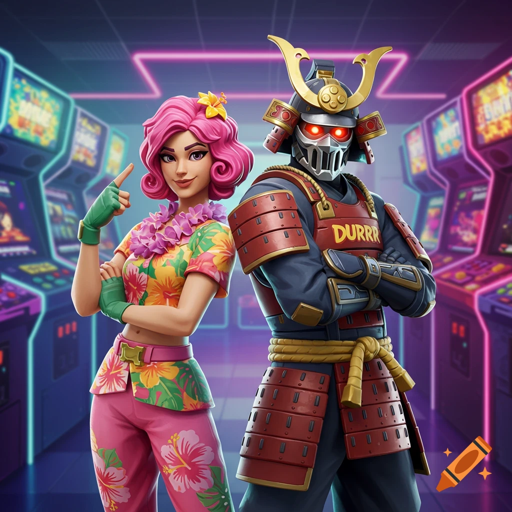 Two stylized video game characters, a pink-haired woman in Hawaiian clothes and a samurai robot, pose in a neon-lit arcade.