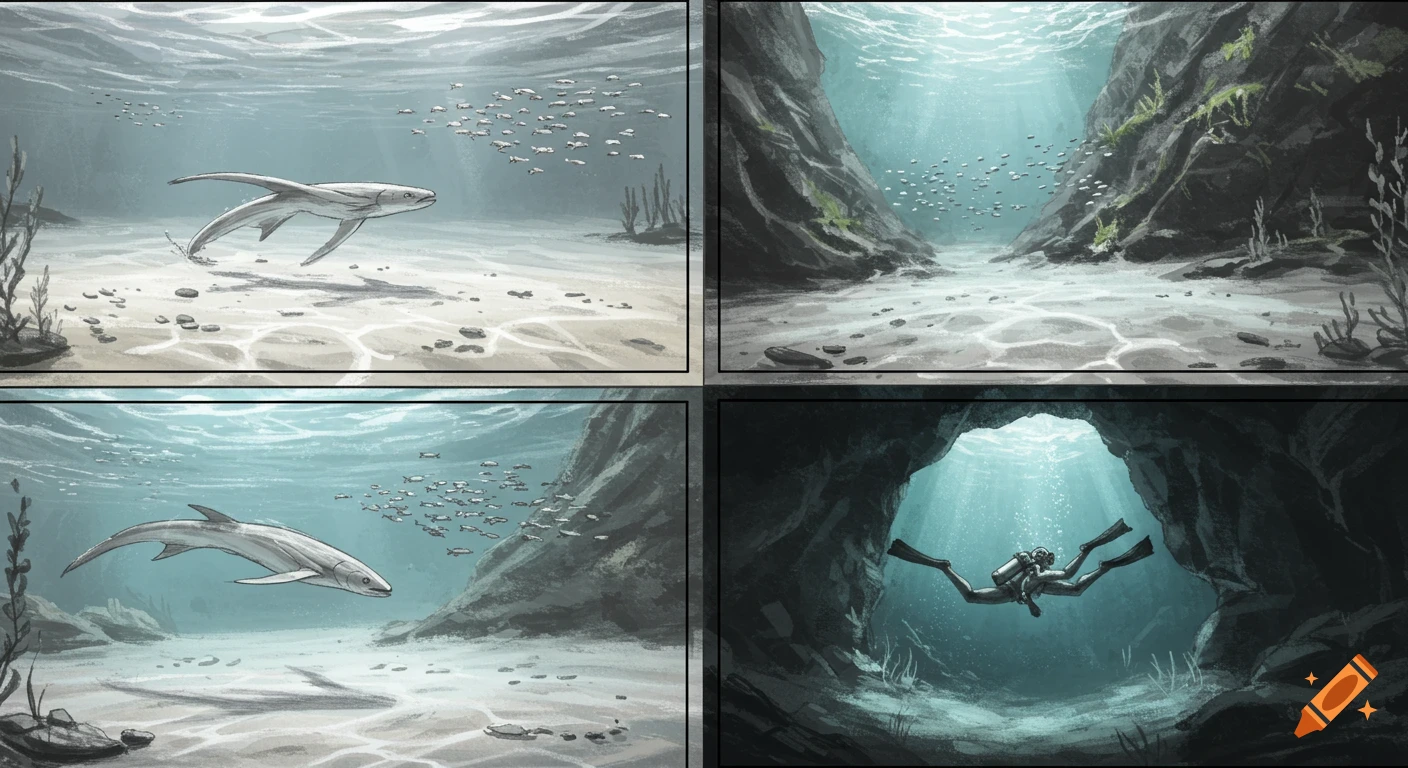 Four-panel illustrated storyboard showing underwater scenes with fish, a rocky canyon, and a diver exploring a cave.