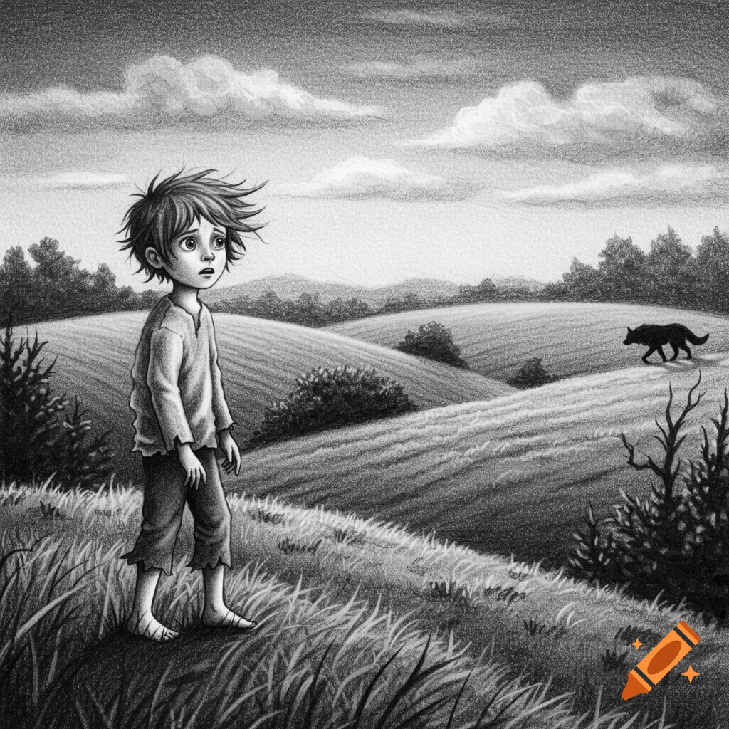 A scared boy stands in a grassy field, looking towards a black wolf in the distance, in a black and white pencil drawing.