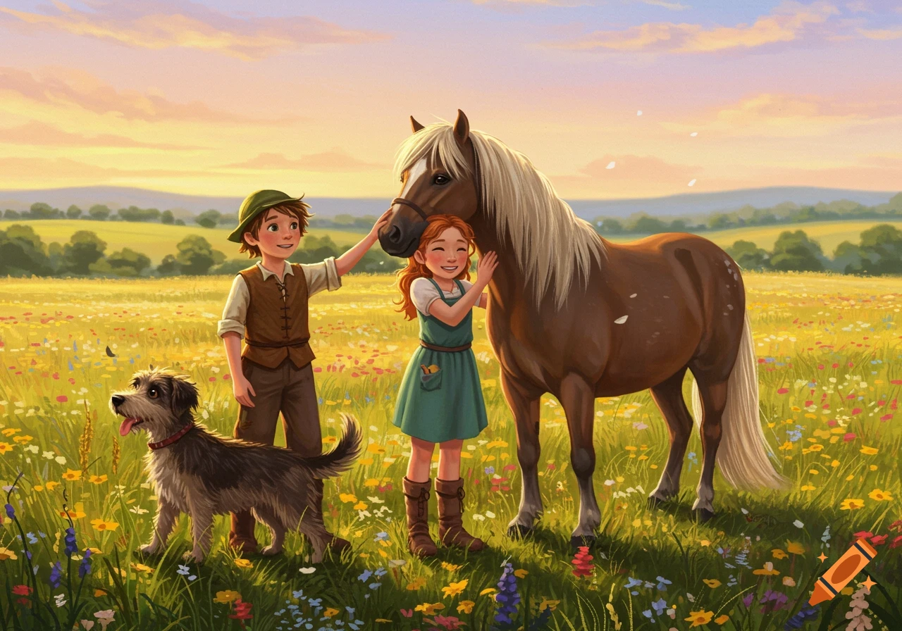 A colorful illustration of a boy, girl, dog, and pony in a sunny field of wildflowers with rolling hills.