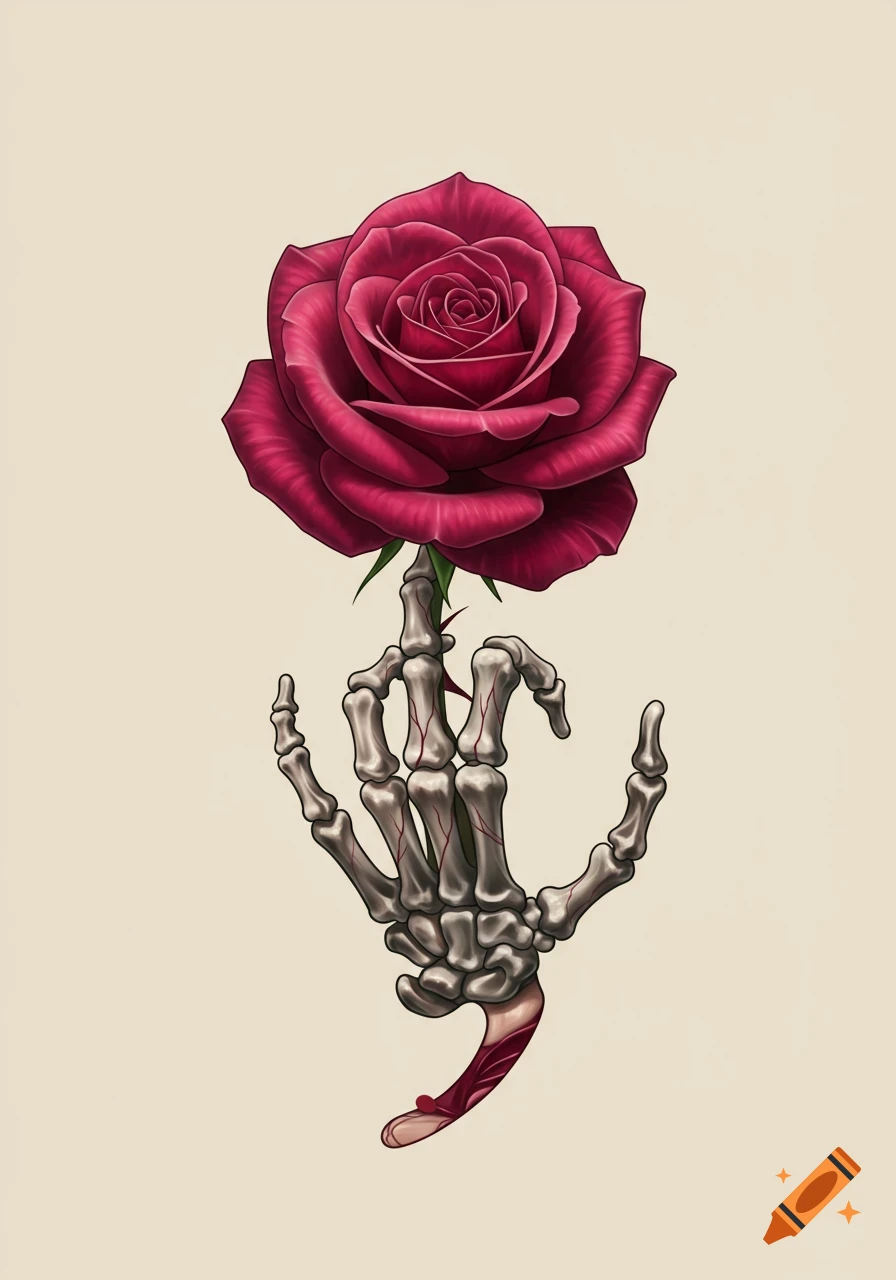 A vibrant red rose above a stylized skeletal hand forming a semicolon, in a tattoo art style.