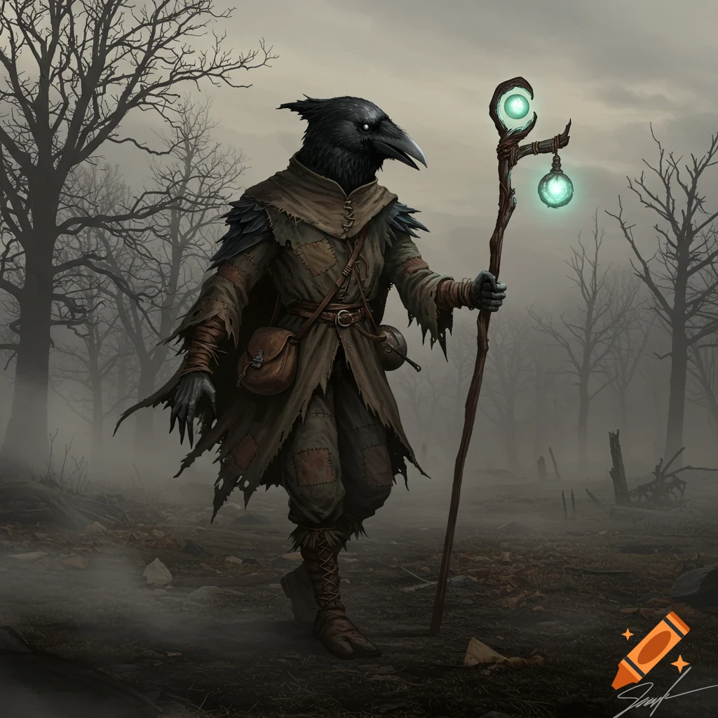 A dark fantasy illustration of a crow-headed wizard in ragged clothes, holding a glowing staff, walking through a desolate, misty forest.