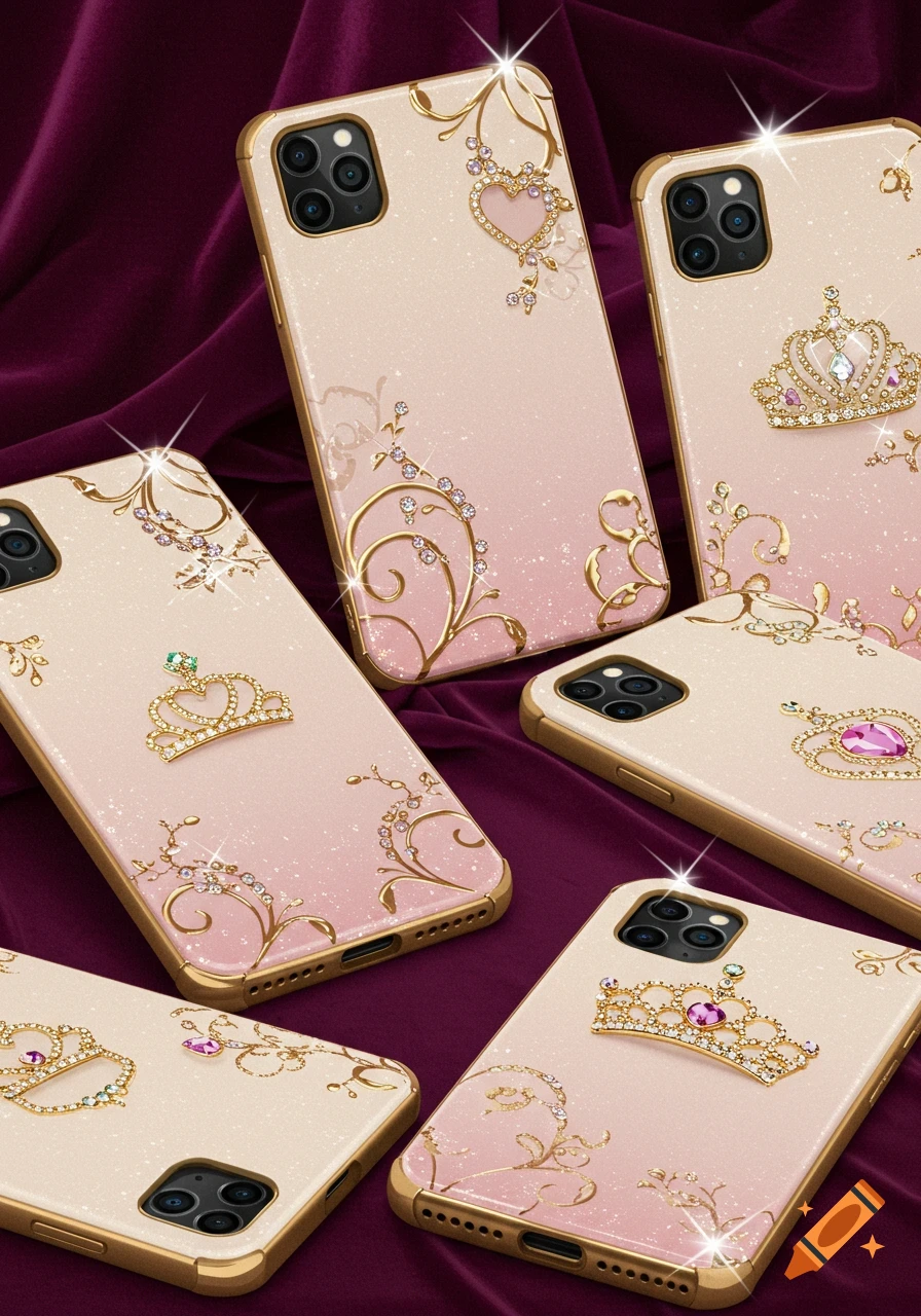 Close-up of several ornate smartphone cases with gold trim, glitter, jewels, crowns, and heart designs on a purple velvet background.