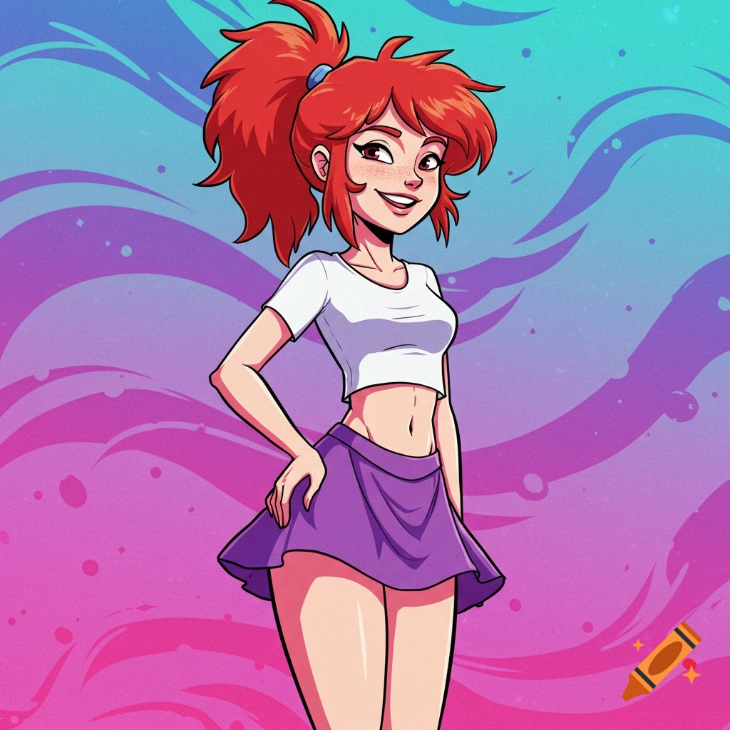Cartoon young woman with red hair in a messy ponytail, white crop top, and purple skirt, smiling against a vibrant blue and pink background.
