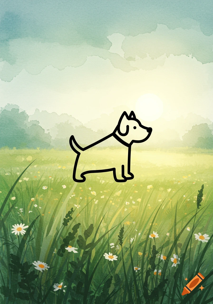 A simple black outline dog icon stands in a sunny watercolor field with green grass and small white flowers.