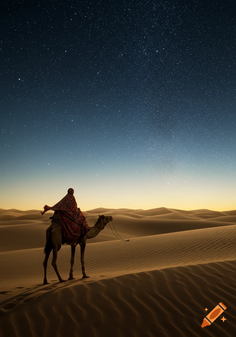 A person in native dress rides a camel across sand dunes under a starry night sky in the Thar desert.