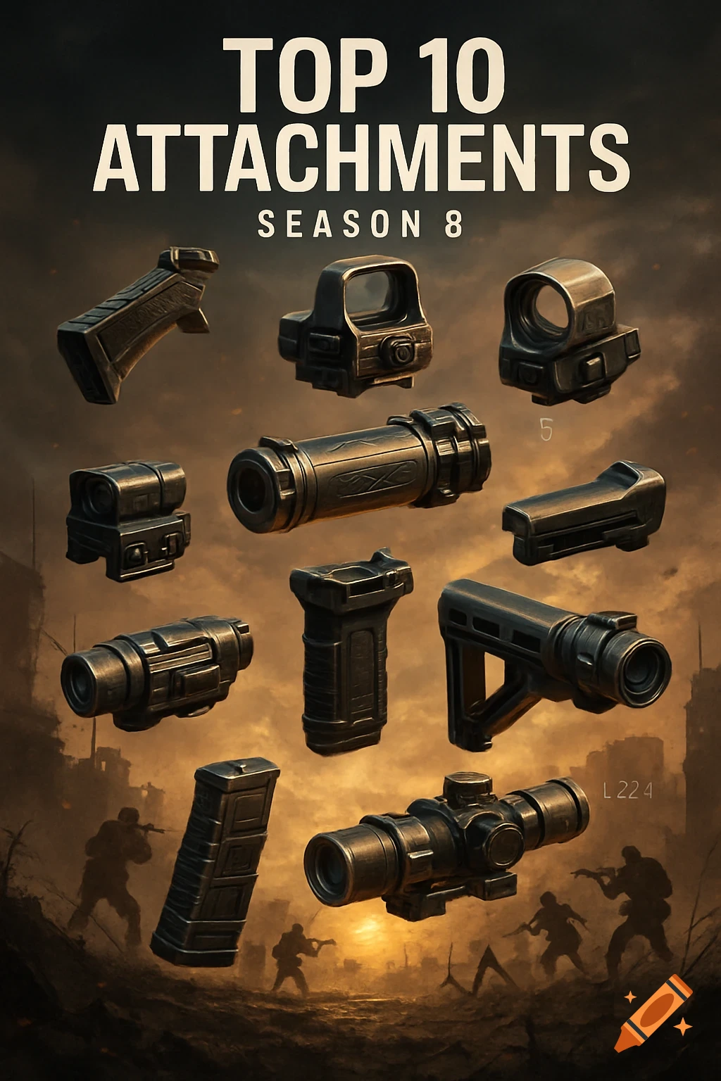 A poster-like image showing ten dark metal firearm attachments floating above a war-torn city with silhouetted soldiers at sunset. Text reads 'TOP 10 ATTACHMENTS SEASON 8'.