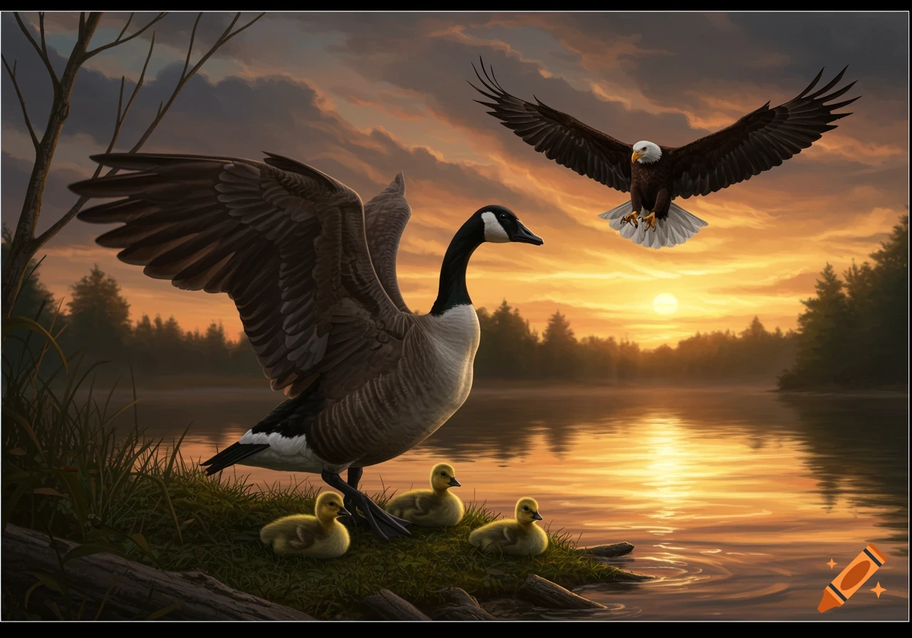 A large Canadian goose with outstretched wings protects three small goslings by a lake at sunset, as a bald eagle flies above.