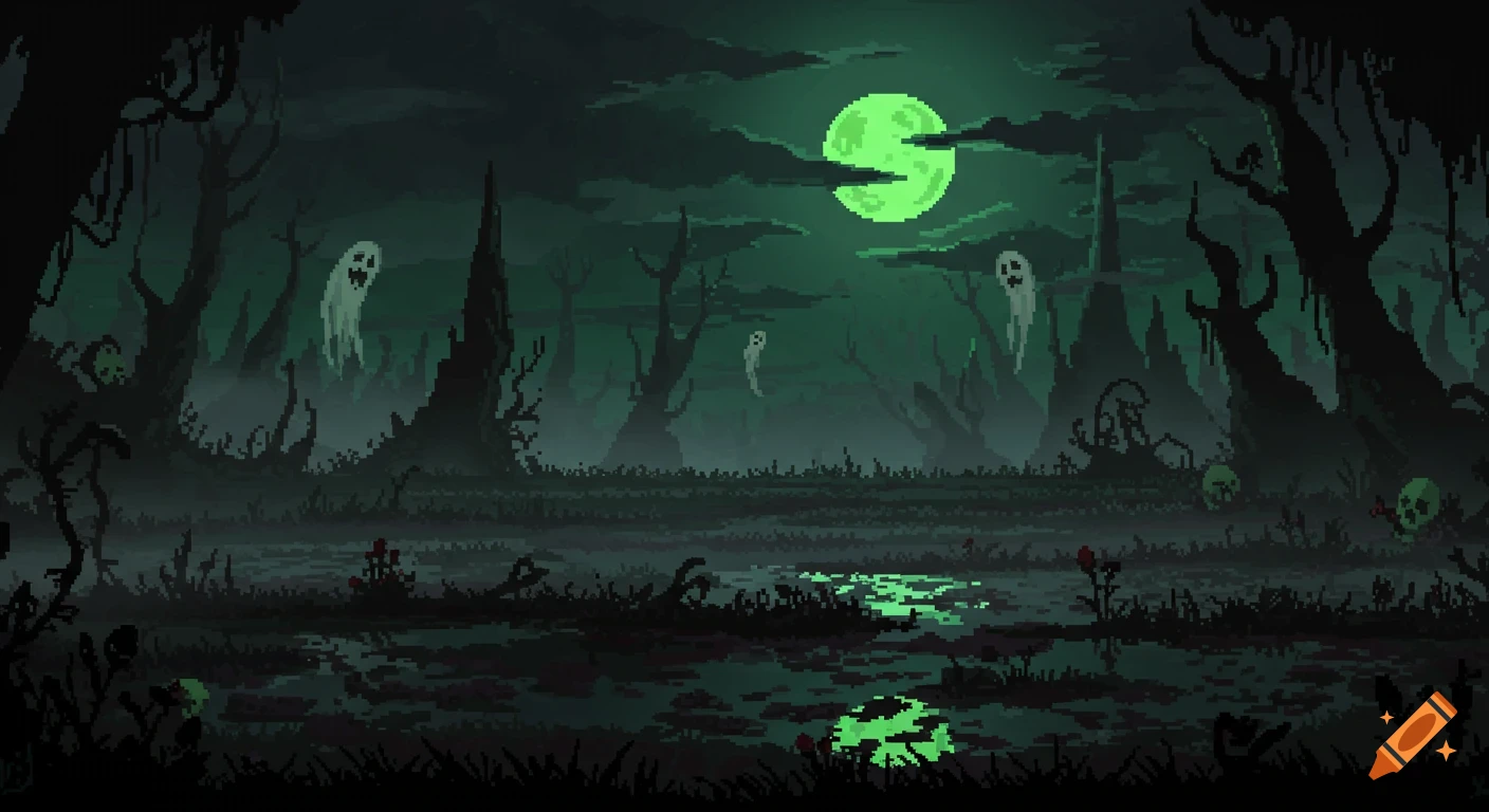 Pixel art landscape of a spooky swamp at night with a bright green moon, gnarled trees, and floating white ghosts.