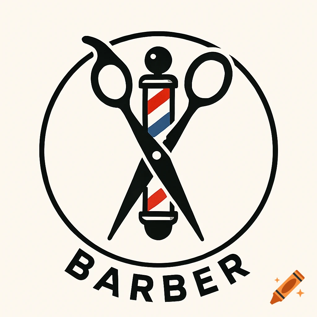 Minimalist barber shop logo featuring a black outline circle, with a red, white, and blue barber pole crossed by black scissors inside, and the word BARBER below.
