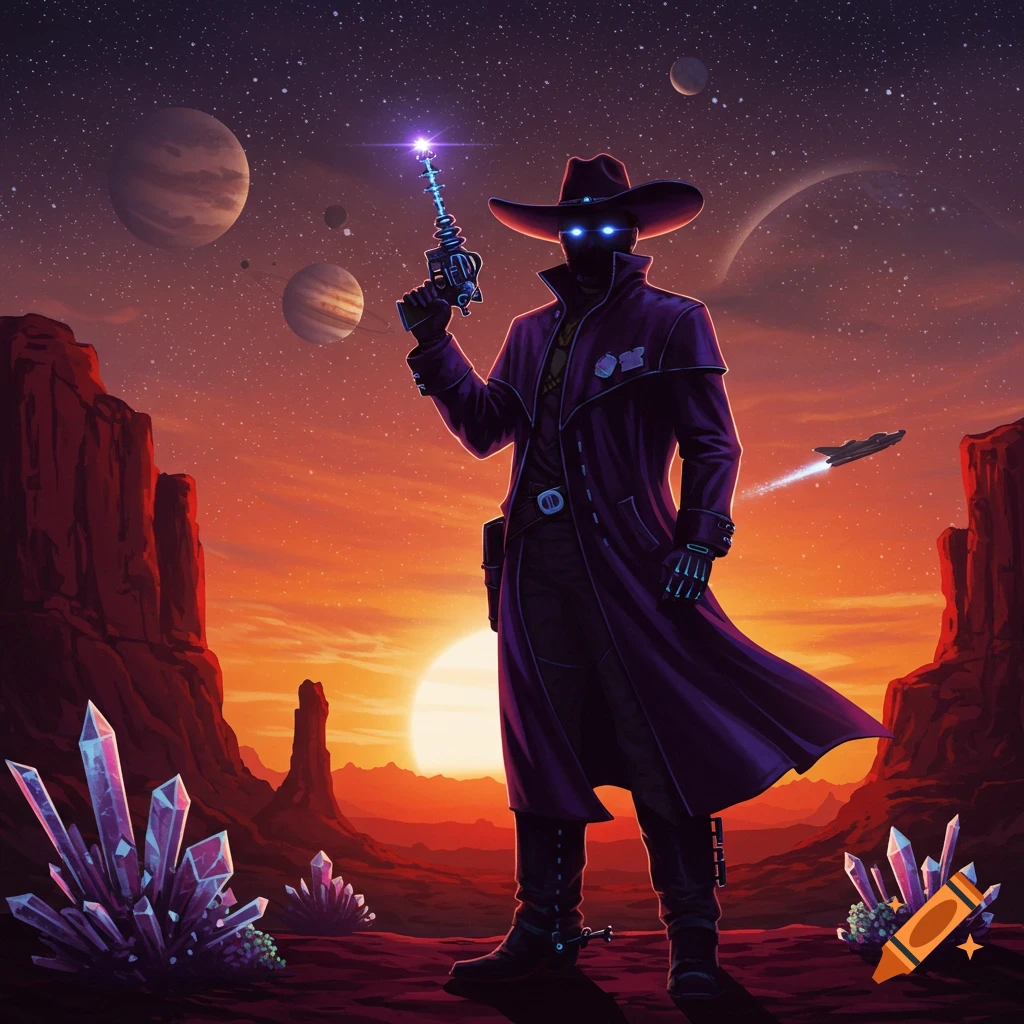 A dark space cowboy holding a glowing ray gun in an alien desert landscape with red cliffs, giant crystals, planets, and a spaceship at sunset, digital art.