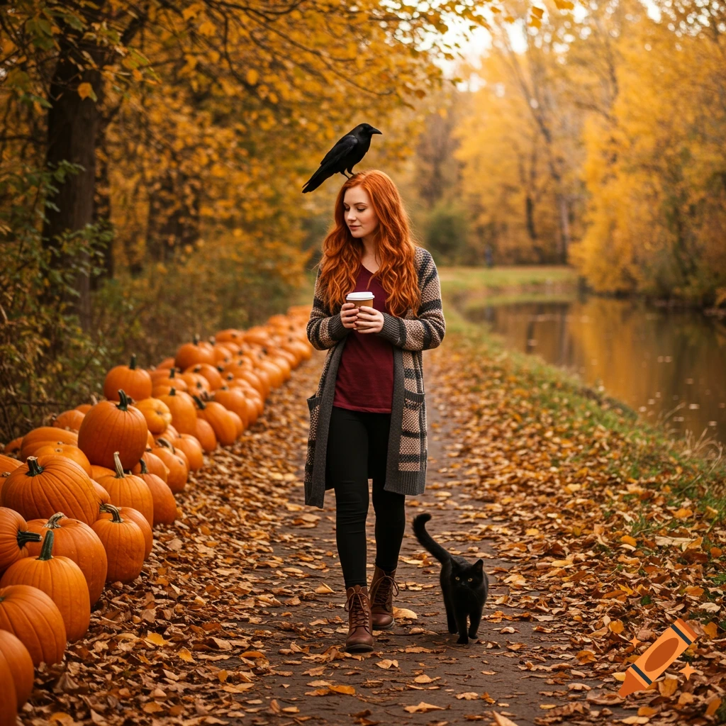 Redheaded woman walks on a fall path lined with pumpkins, a black cat, and a raven on her head. Photorealistic.