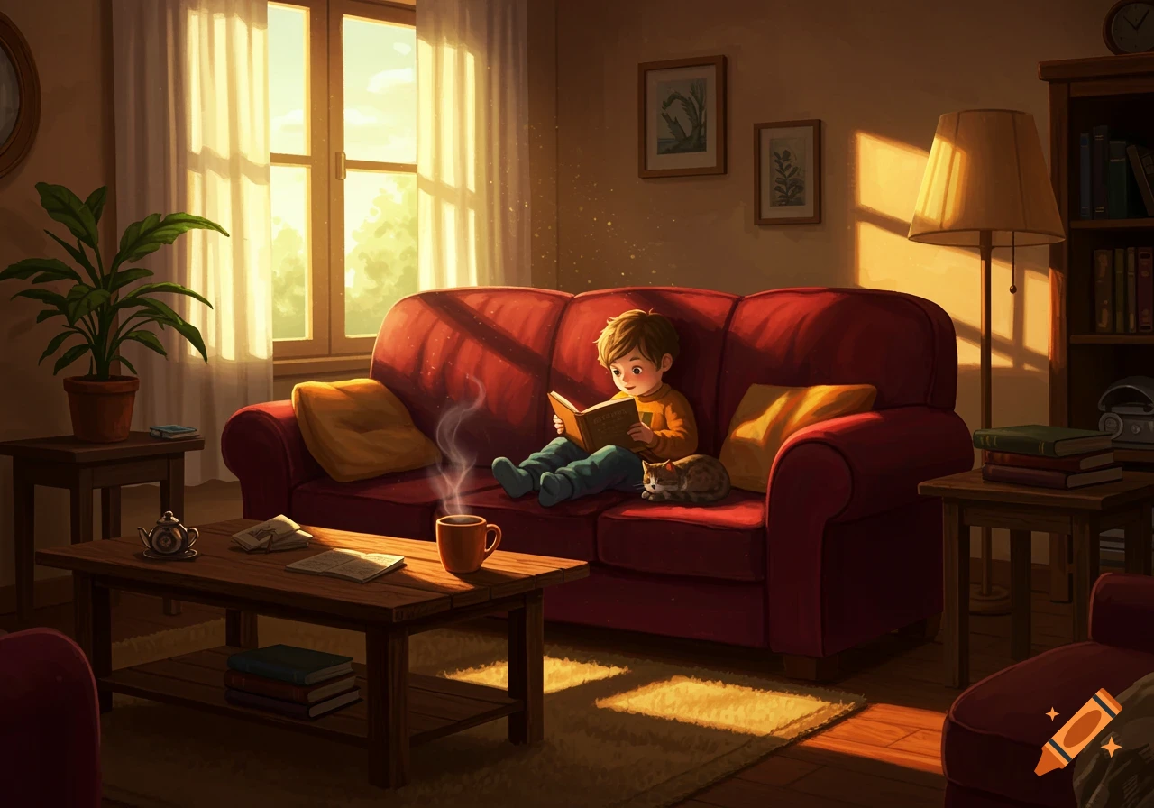 A boy reads a book on a red couch with a cat, bathed in warm sunlight from a window in a cozy living room.