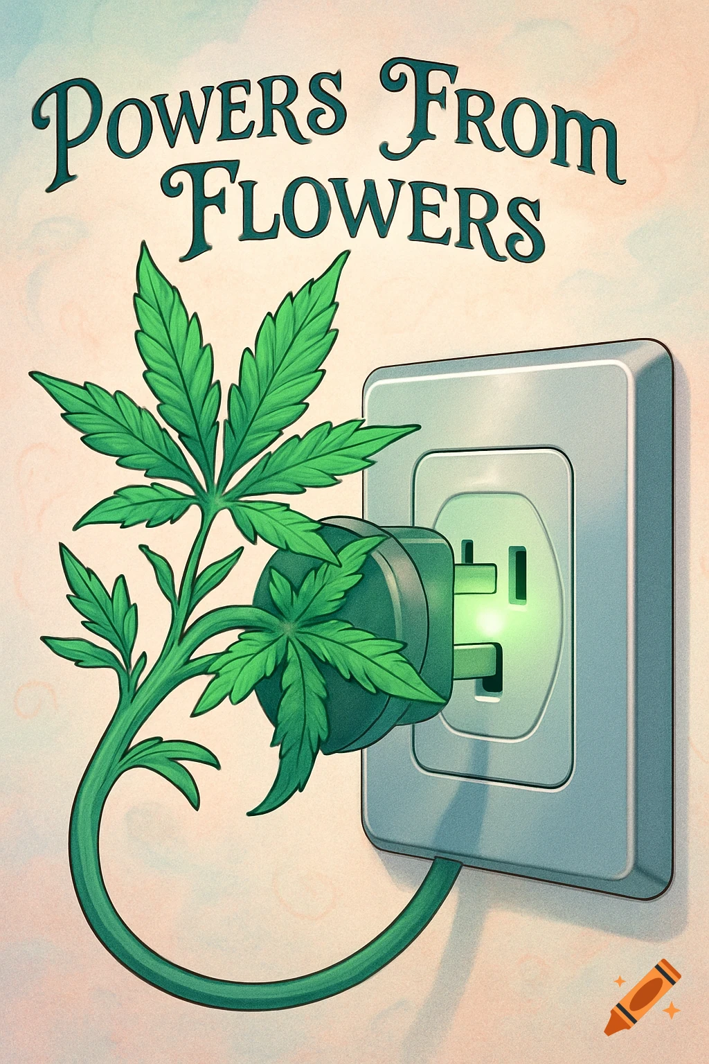 A stylized illustration of a marijuana plant with leaves forming an electrical plug in a wall socket, reading 'Powers From Flowers'.