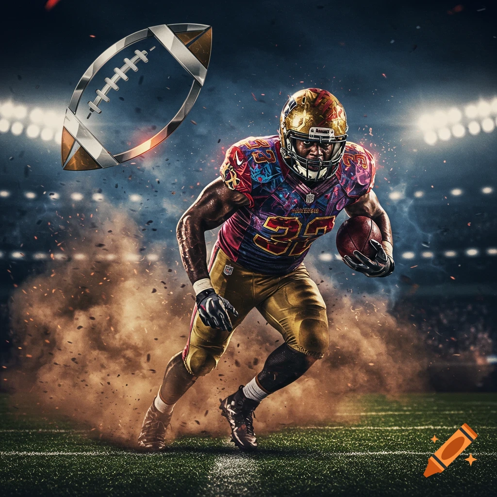 A stylized digital art image of an American football player in a colorful uniform, running with the ball amidst a cloud of dust on a stadium field. A metallic football floats in the air above him.