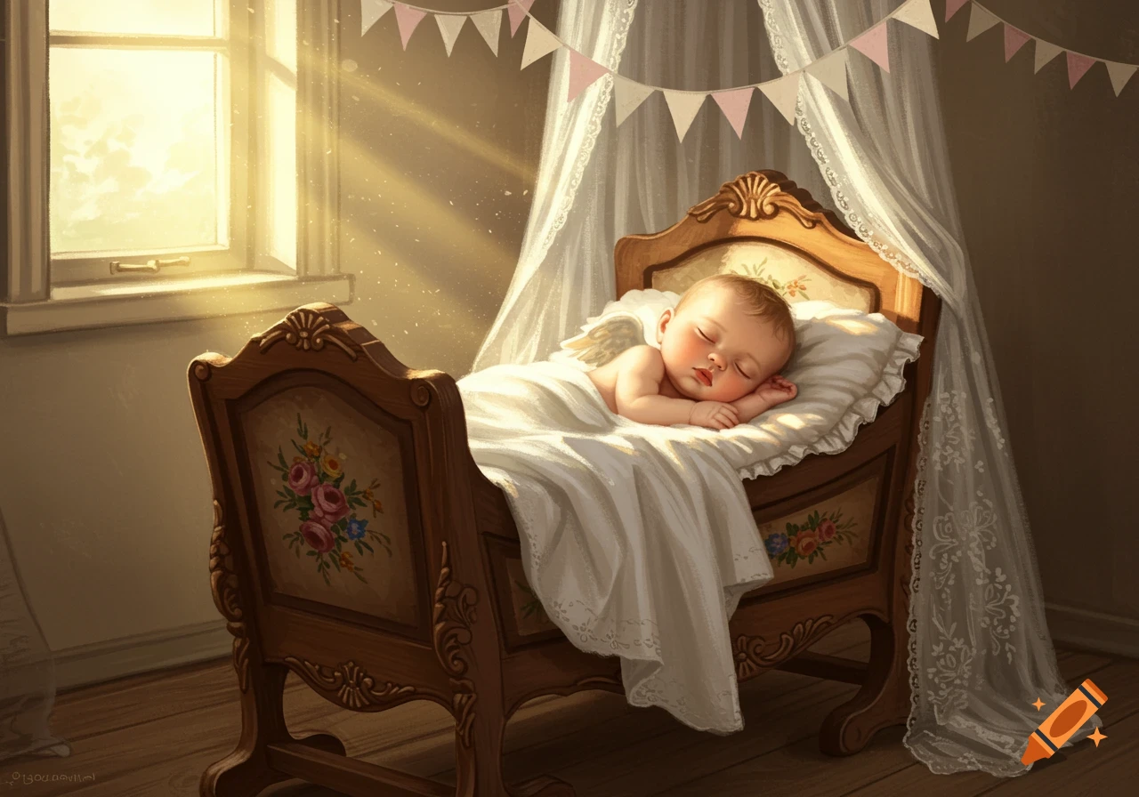 A cute baby sleeps peacefully in an ornate wooden cradle with a white canopy, bathed in golden sunlight from a window.