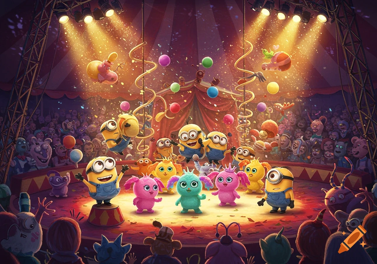 Vibrant cartoon illustration of Minions and colorful furry monsters performing on stage under spotlights in a busy circus tent.