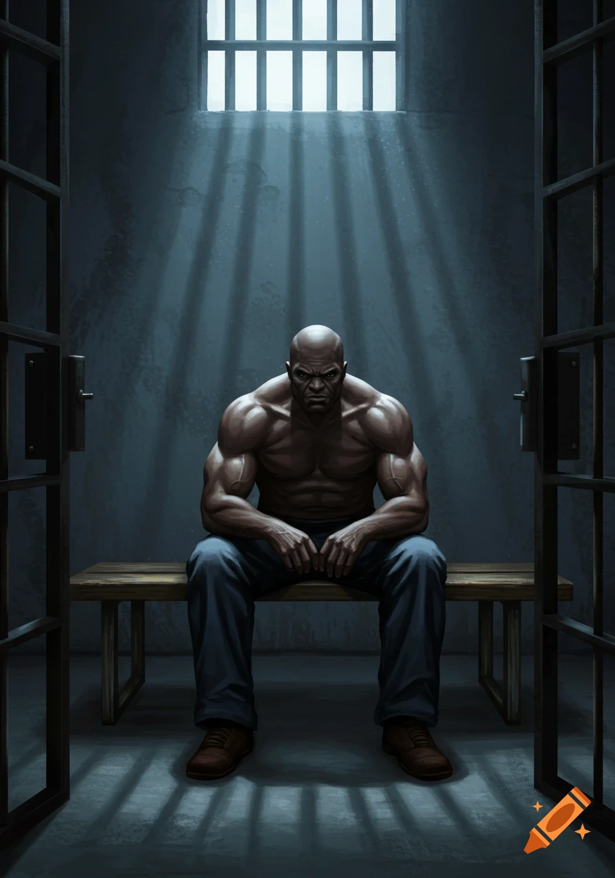 Muscular, bald man with a stern expression sitting on a bench in a dimly lit prison cell, light from a barred window.