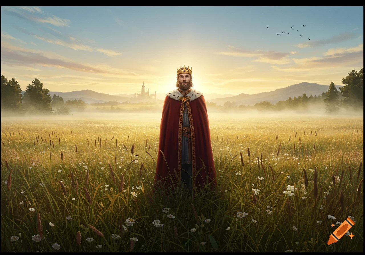 A regal king in a red cape and golden crown stands in a golden field with a misty castle at sunrise.