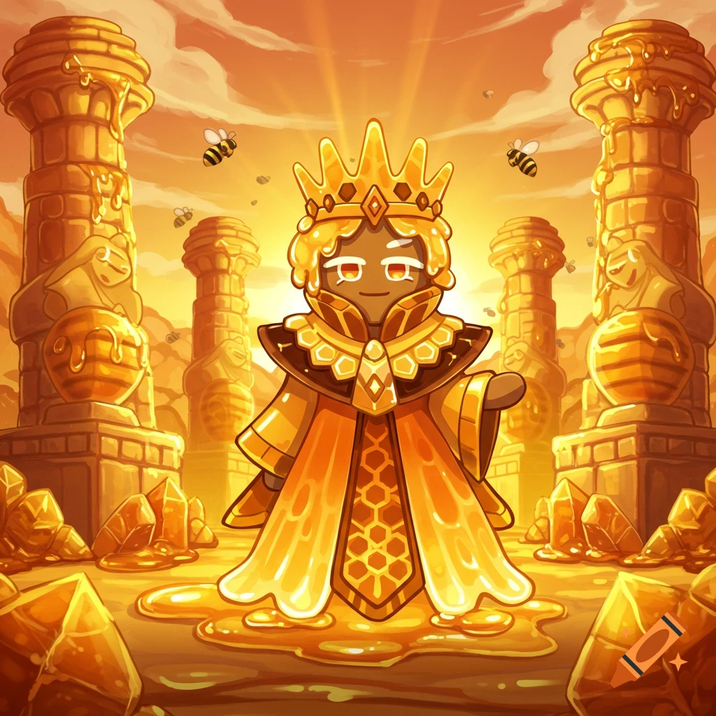 A majestic honey cookie character in a golden crown and robe stands among honey-covered pillars and crystals, with bees flying in a stylized, bright fantasy scene.