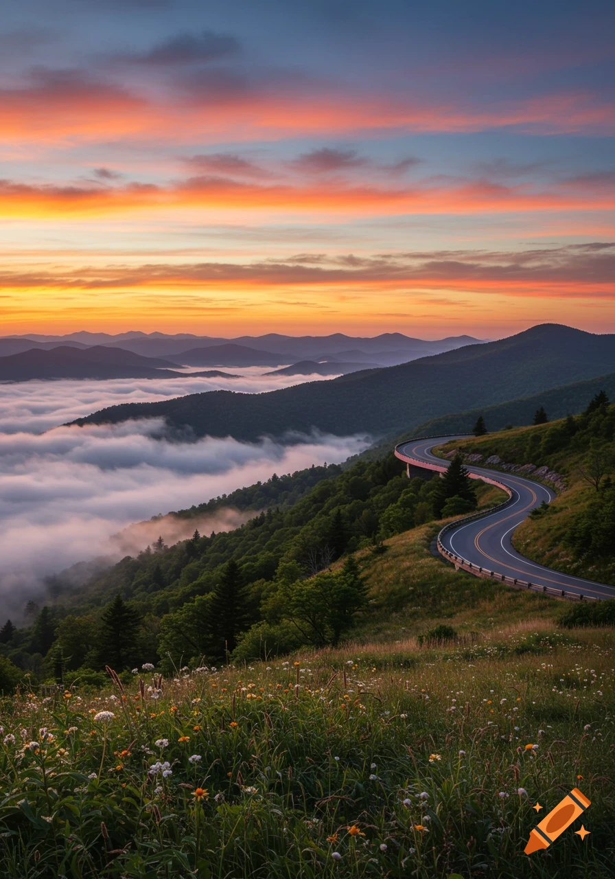 A winding mountain road overlooks a misty valley filled with clouds and distant peaks under a vibrant sunrise sky.