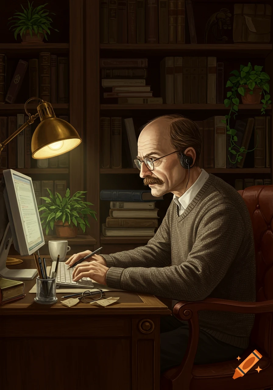 Realistic illustration of a balding man with glasses and a mustache typing on a computer at a desk in a library.
