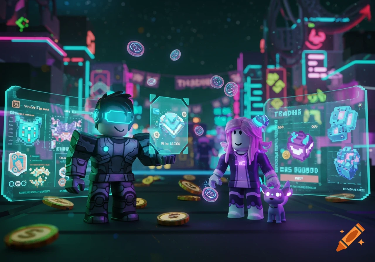 Two Roblox avatars, one in futuristic armor and another with pink hair and a small pet, engage in a trade with holographic screens and floating coins in a neon cyberpunk city at night.