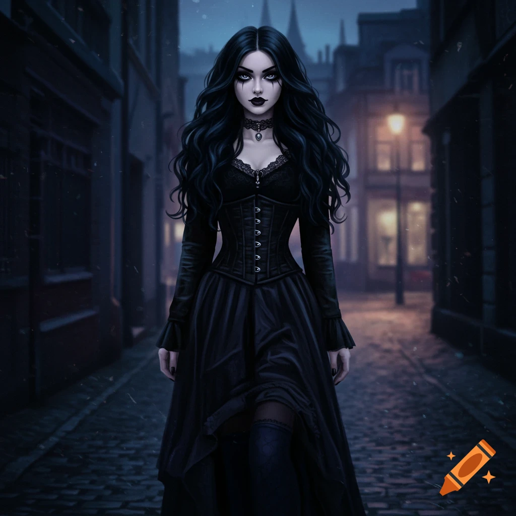 A goth girl with long dark hair, pale skin, and dark makeup wears a black corset and dress while standing in a dark, cobbled alleyway at night.
